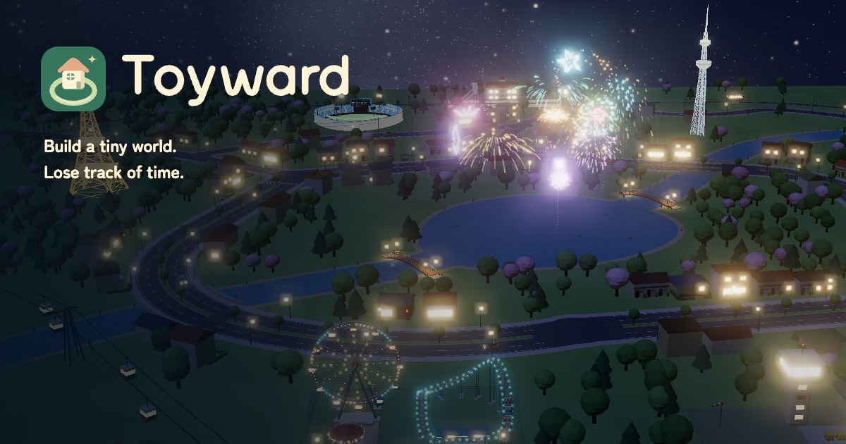 夜の湖に花火が咲く、Toywardの街